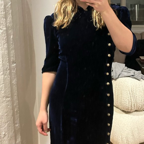 Saloni Taro Velvet Midi Dress Navy - Picture 4 of 8